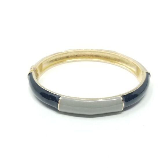 Vintage Black and Gray Enamel Hinged Bangle Bracelet, Gold Tone, Estate - Picture 1 of 5